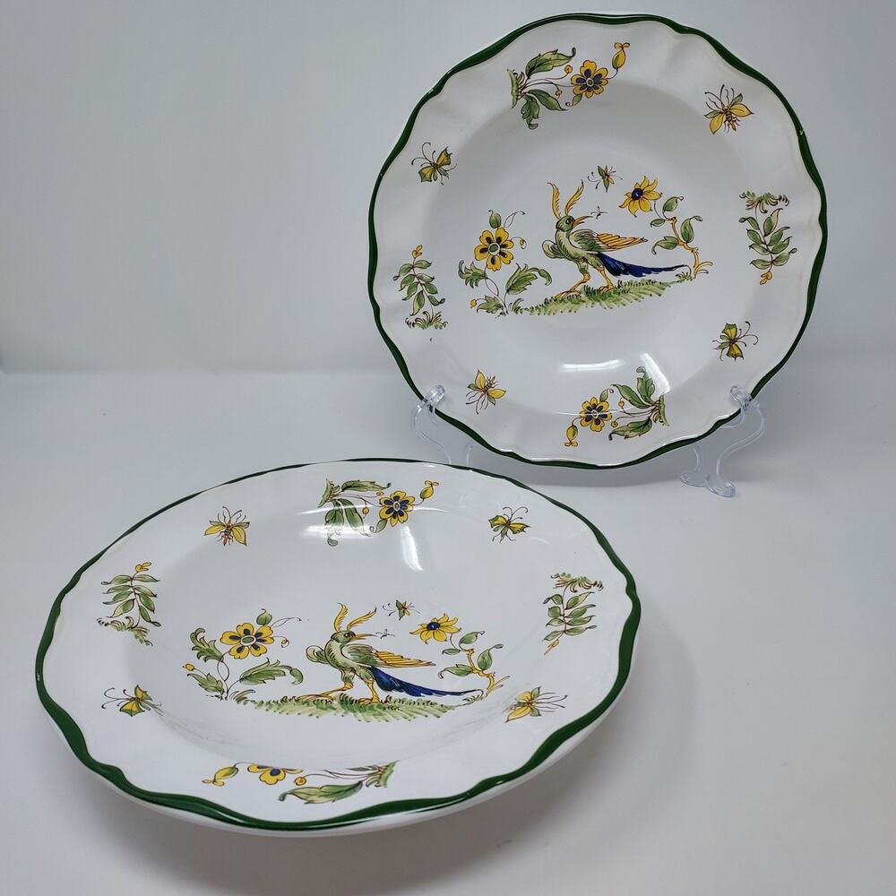 Varages France Bird Vieux Provence Green Set 2 Soup Bowls Vintage Faience VTG